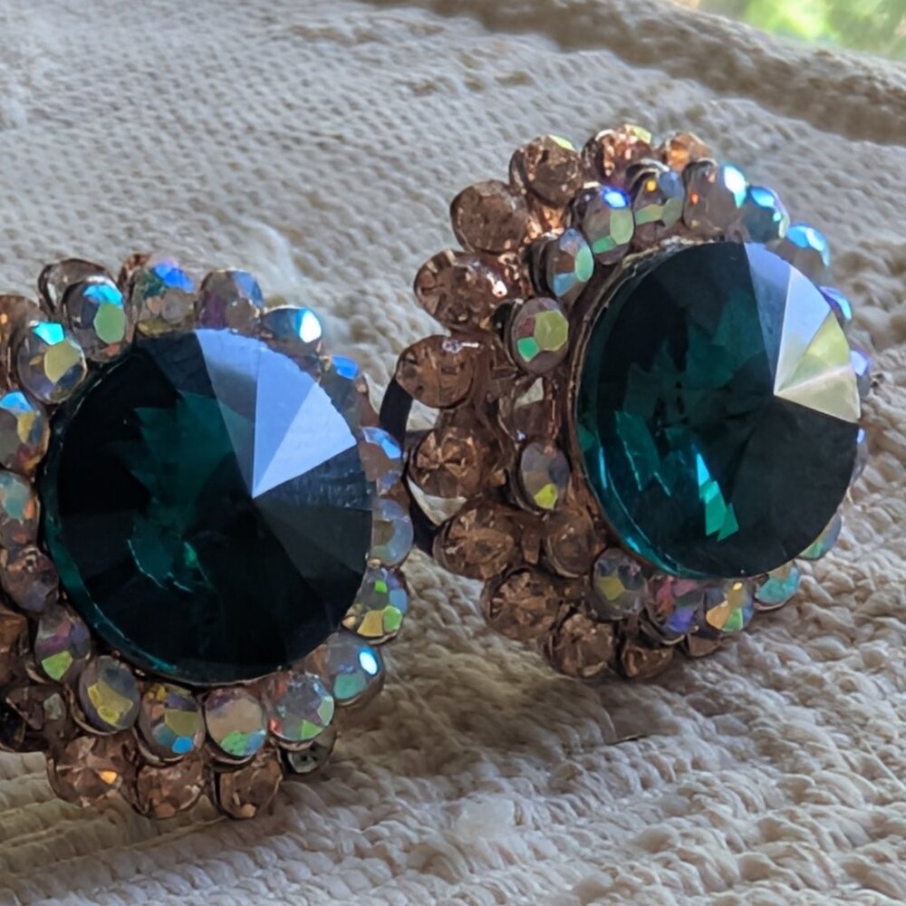 Vintage Round Green Crystal Aurora Borealis CZ Earrings